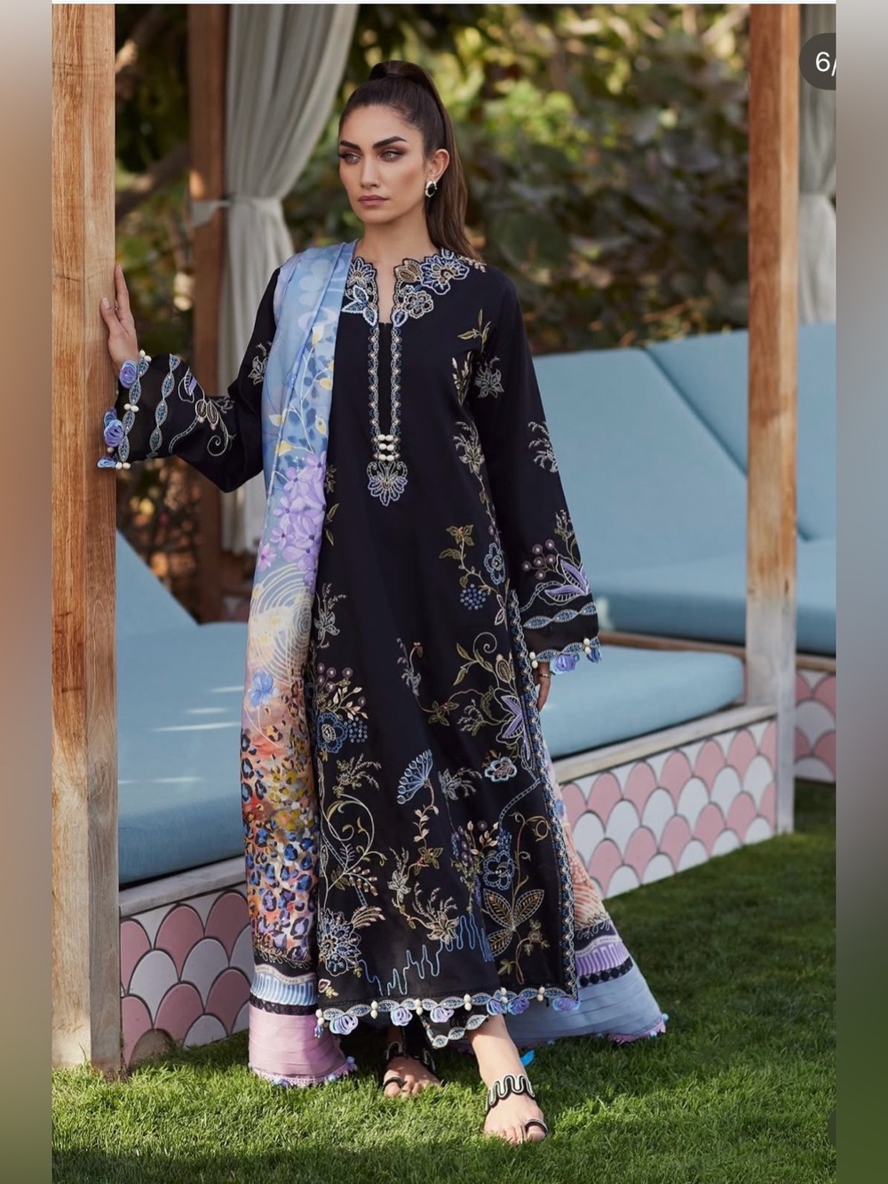 Black Floral Embroidered Dress brand FARAH TALIB AZIZ Indian Pakistani dress
